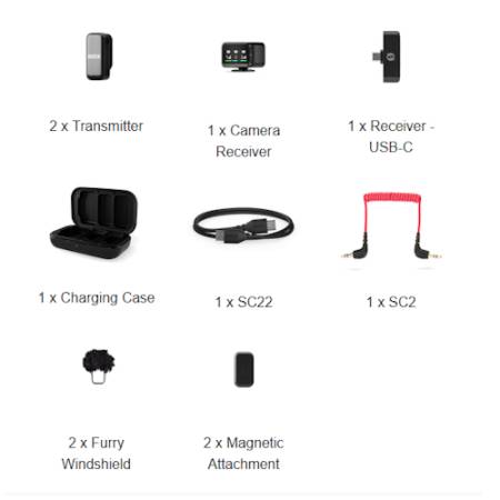 RODE Wireless Micro Camera Kit - zestaw, bezprzewodowy system audio, 2x mikrofon krawatowy (USB-C + 3.5mm TRS do aparatu, 24-bit) - zawartość